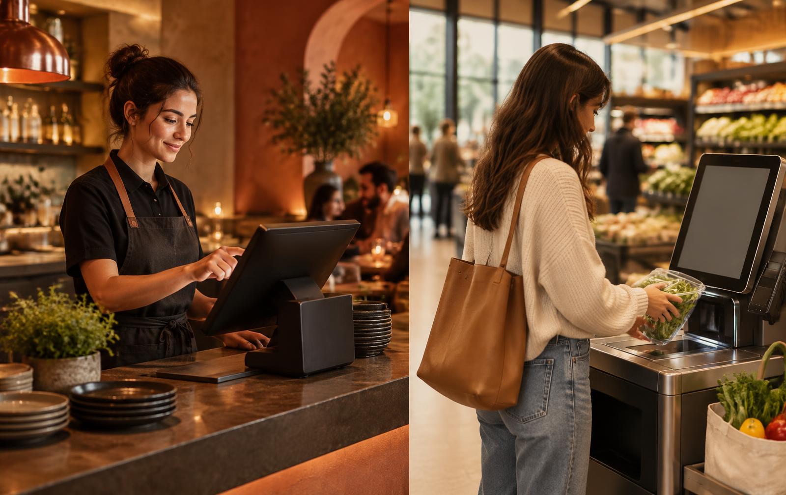 A café counter running a Restoora POS terminal beside a grocery self-checkout kiosk